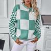 Autumn Winter Vintage Loose Long Sleeve Top Grid Pattern Cardigan Knitwear O-Neck Sweater