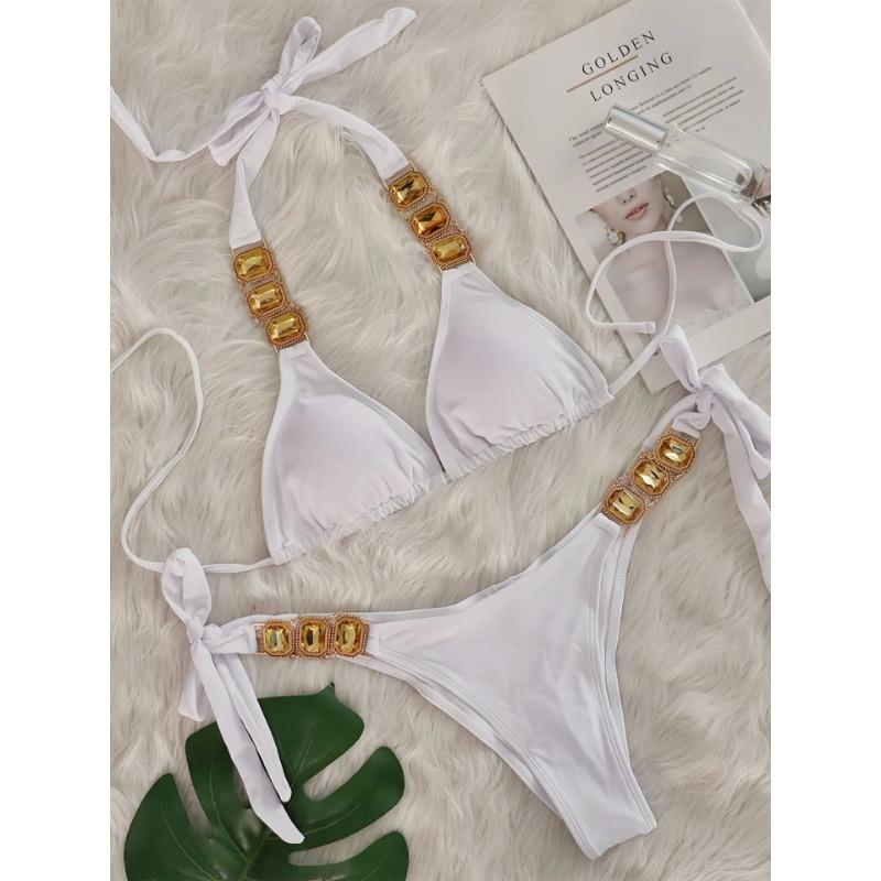 Сексуальный комплект бикини со стразами Женский 2025 Роскошный розовый с кристаллами и бриллиантами Пуш-ап Бандажный купальник стринги Пляжный купальник Купальник