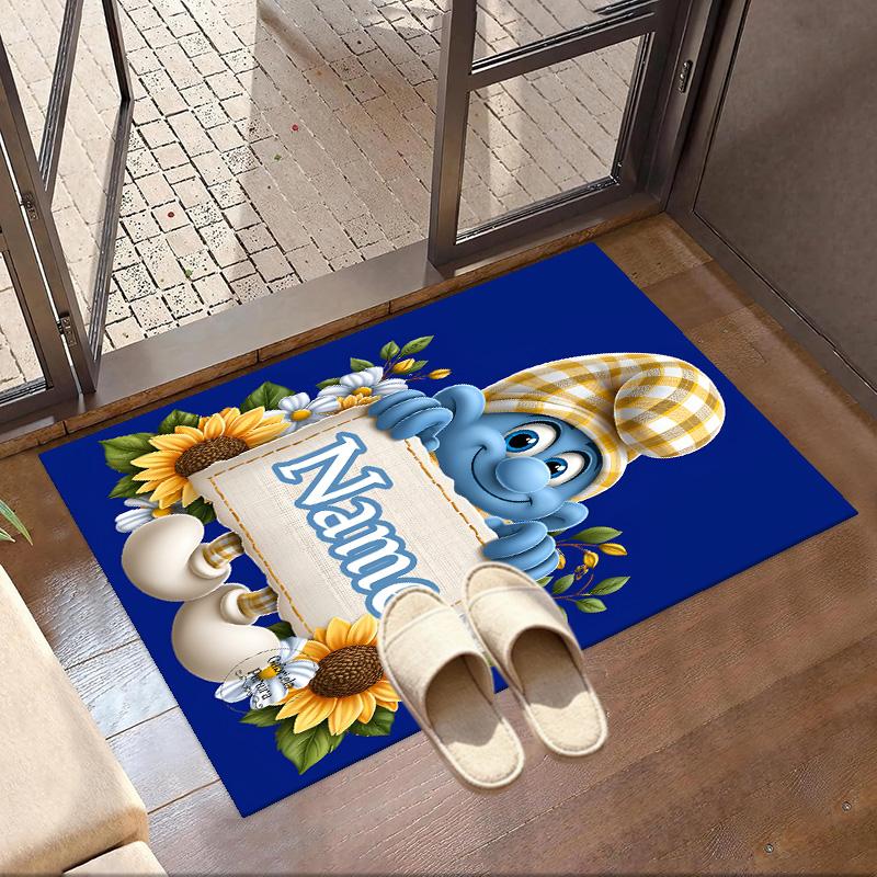 Custom Name Personalized Blue Smurfs Print Carpet, Versatile Home Decor Rug, for Playroom, Apartment, Balcony, Entryway, Hallway Gift