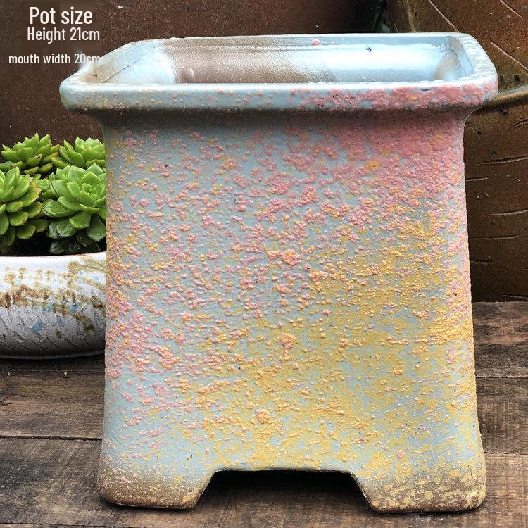 Yixing Handmade Square Mouth Coarse Pottery Planter - Large Succulent Flower Pot with Old Branch Design and Jade Pendant.