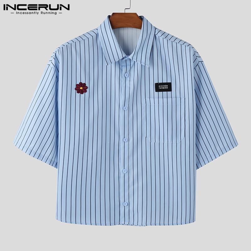 INCERUN Большие летние мужские повседневные рубашки с отворотом и коротким рукавом с вышивкой и цветочным принтом в полоску