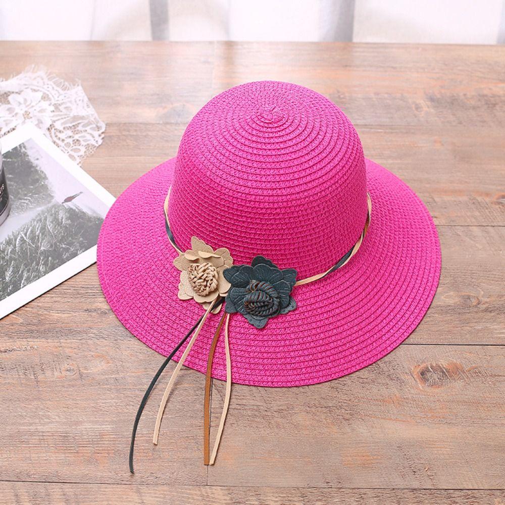 For Travel Woven Summer Beach Sunshade Hat Sun Hat Flower Straw Hat Panama Style Hat