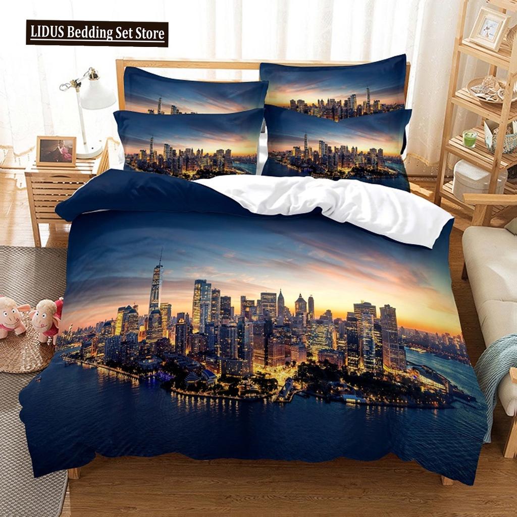 Пододеяльник New York NYC Город, который никогда не спит Отражение на Манхэттене Ист-Ривер Ночной вид города Декор для комнаты Постельное белье Розовый Синий