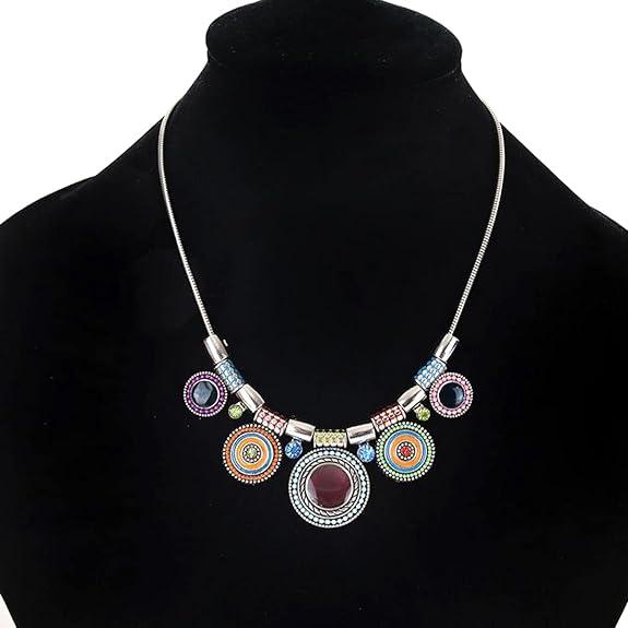 Последняя мода Посеребренная разноцветная круглая конструкция Ожерелье-колье с медальоном для женщин и девочек, Серебряное, Разноцветное, Среднее