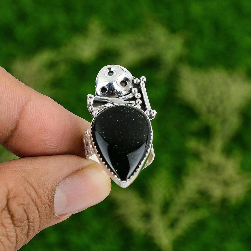 925 Silver Natural Green Sunstone Stackable Skull And Bone Adjustable Ring