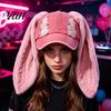 Casual Windproof Hat Baseball Cap with Plush Rabbit Ears, Washed Distressed Peaked for Winter, Long Bunny Ear Dance Party Show Festivals Cold Weather