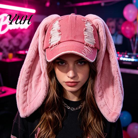 Casual Windproof Hat Baseball Cap with Plush Rabbit Ears, Washed Distressed Peaked for Winter, Long Bunny Ear Dance Party Show Festivals Cold Weather