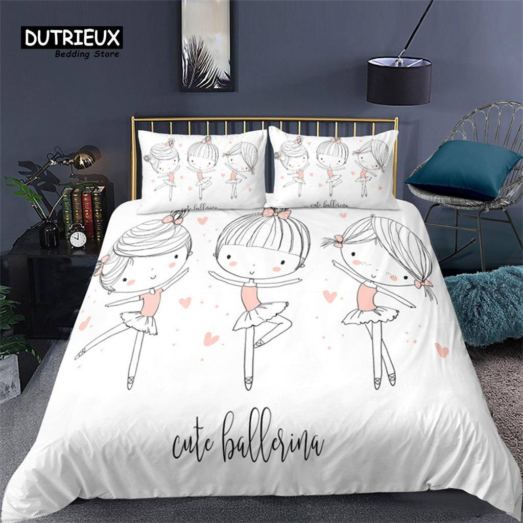 Cartoon Ballet Girl Toddler Bedding Set For Kids Teen Girls Microfiber Modern Swan Cat Unicorn Print Duvet Cover Bedroom Decor