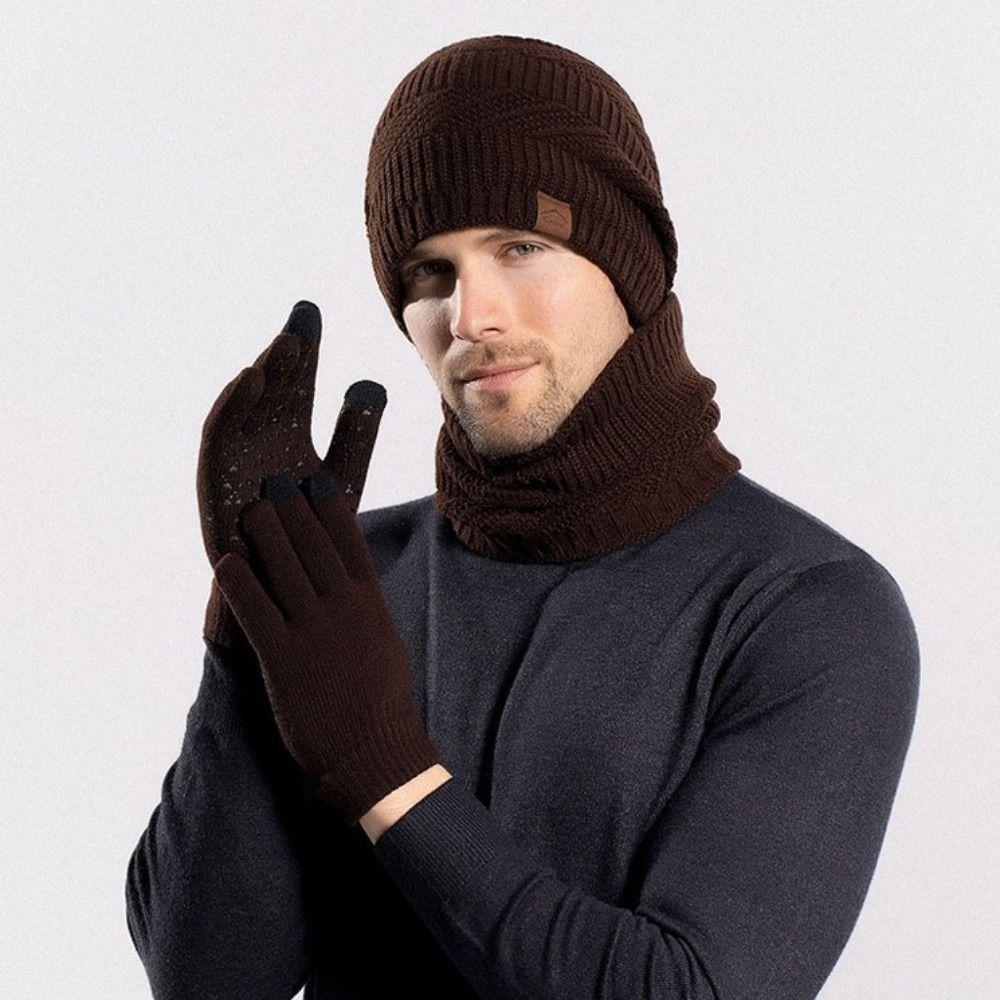 3pcs Wool Hat Scarf Gloves Set Warm Winter Beanie Hat Simple Thermal Knit Cap  Winter
