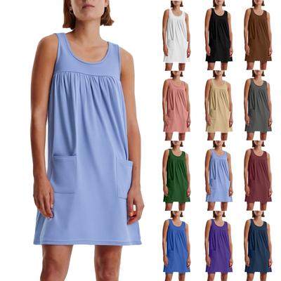 Женское повседневное и модное платье без рукавов с круглым вырезом и однотонным карманом