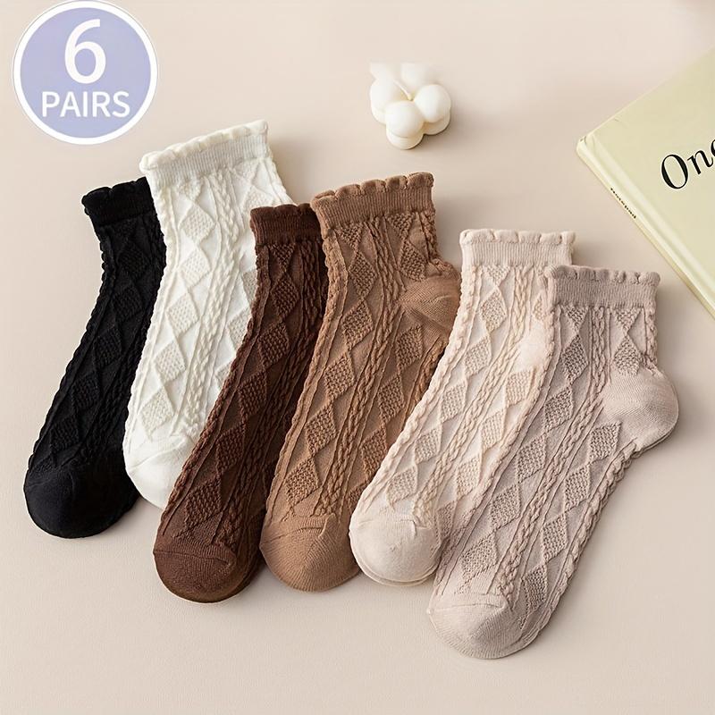 6 Pairs Argyle Textured Short Socks - 6 Pairs Women's Preppy Comfy Socks