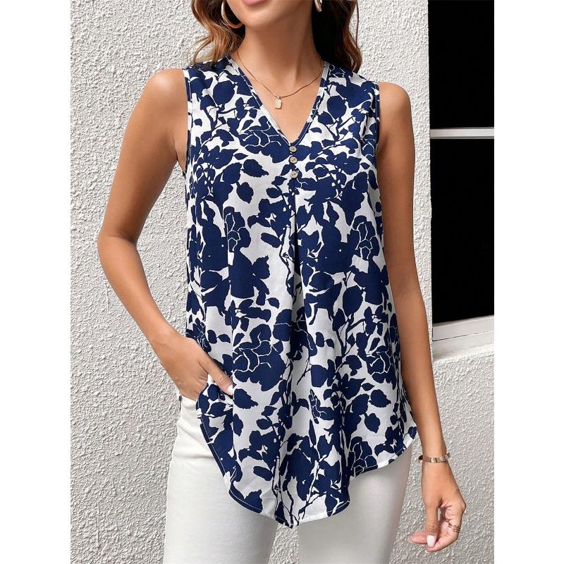 YYFS Women's Fashion Casual Summer Spring Flower Pattern Print Sleeveless V-Neck Blouses & Shirts