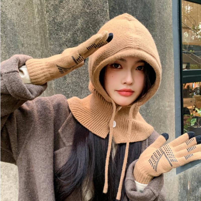 Winter Outdoor Warmer Balaclava Hats Women Girls Knitted Hooded Hats Scarf and Gloves Set Drawstring One-piece Neck Collar Beanies Caps