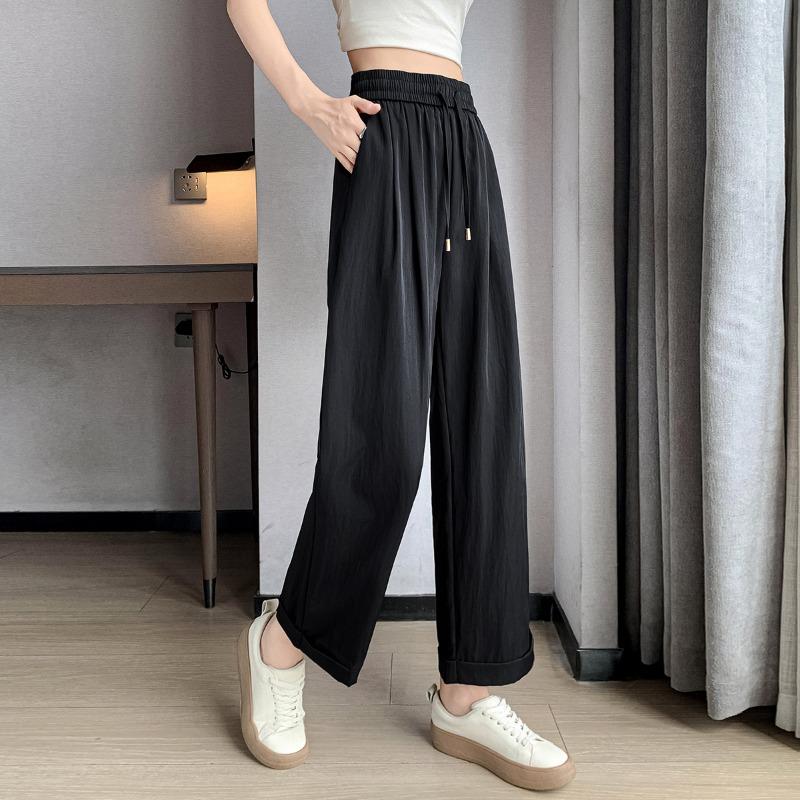 Women's Summer New Thin Loose Wide-legged Trousers Small High Waisted Elastic Nine-minute Trousers Ice Silk Straight Casual Trousers