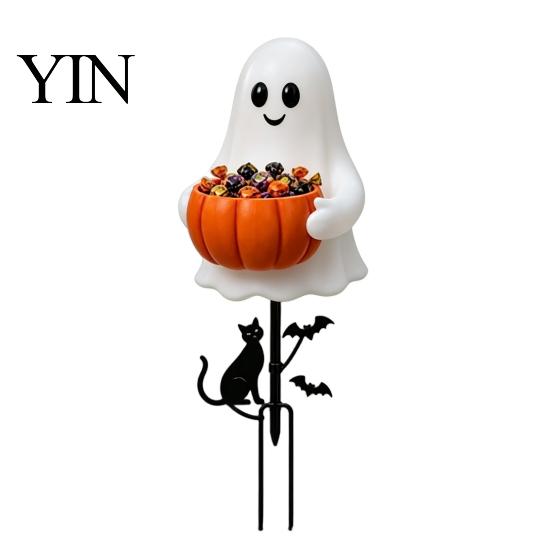 Decorative Soil Insert Signs Halloween Ghost Candy Bowl Garden Stake, 2D Flat Pumpkin Holder with Cat Decor And Bats, Trick or Treat Yard Art