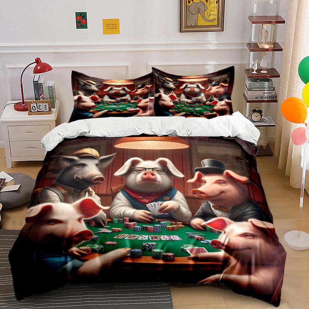 Poker-Playing Pigs Artwork Bedding Duvet Cover Set (1*Duvet Cover 2*Pillowcases, without duvet insert)