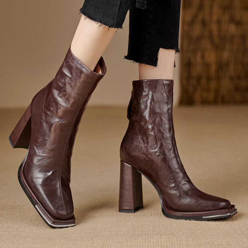 Женские зимние ботильоны на очень высоком каблуке с квадратным носком, сексуальные туфли из кожи, массивные модные ботинки 2024 года, зимние туфли-лодочки Botas Mujer
