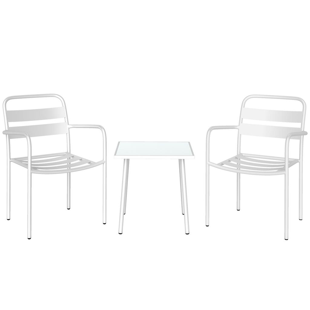 Bistro Set 3-Piece Metal Garden Furniture Set with 2 Garden Chairs, Glass Table, Slat Design, Rust-Resistant