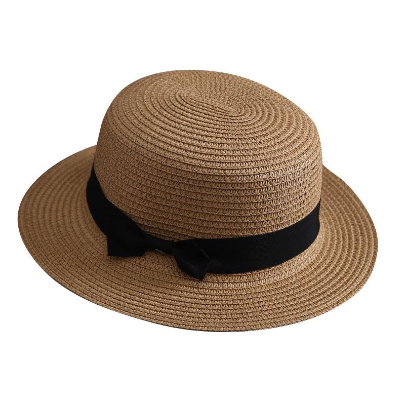 Korean Summer Flat Brim Unisex Top Hat Bowknot Straw Hat Sun Shade Sunscreen Beach Vacation Travel Hat