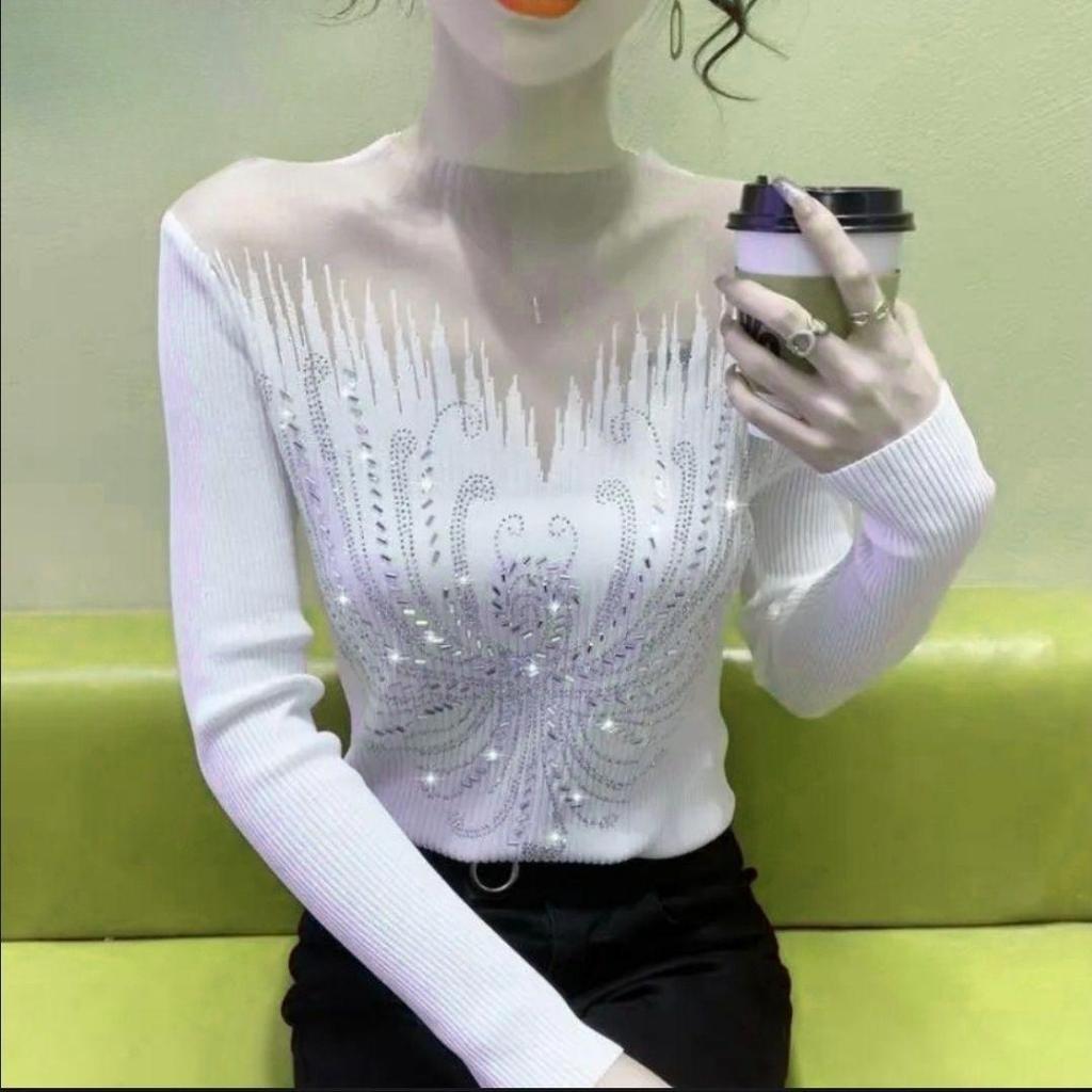 Элегантный сетчатый свитер со стразами - Женский универсальный шикарный топ с длинным рукавом