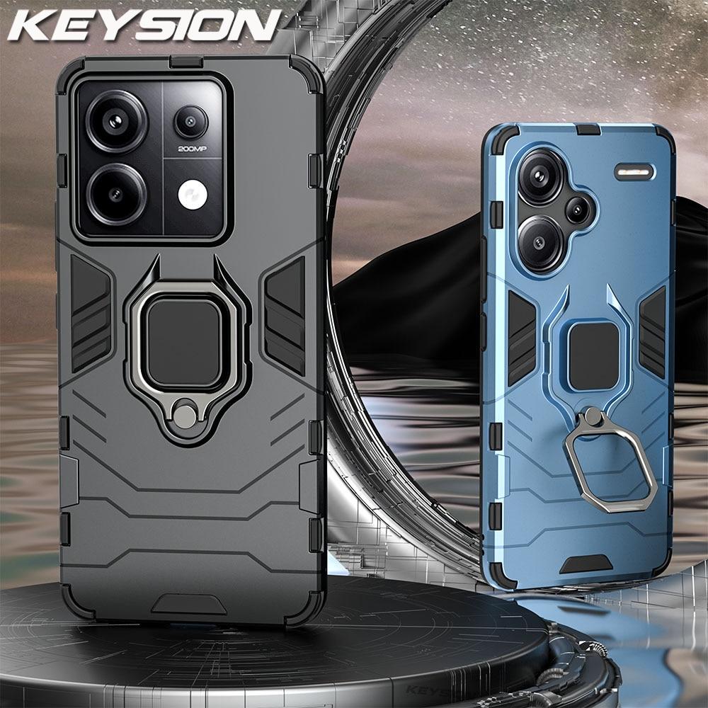 KEYSION Shockproof Armor Case for Redmi Note 13 Pro 4G 13 Pro+ 5G Silicone+PC Ring Metal Stand Phone Cover for Xiaomi POCO M6 Pro
