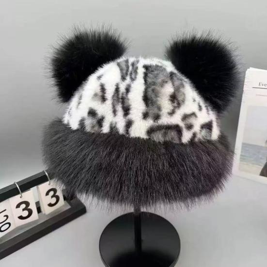 Winter Hat Retro Style Leopard Print Plush Trim Windproof Hat Bear Ear Decor Thickened Warm Women Hat