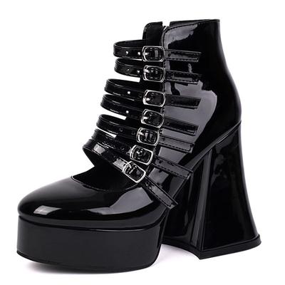 2025 Модный Дизайн Туфли-лодочки Женские Круглый Носок 12см Блочный Каблук 3см Платформа Молния Ремень Пряжки Блестящие Вечерние Туфли 41 42 43