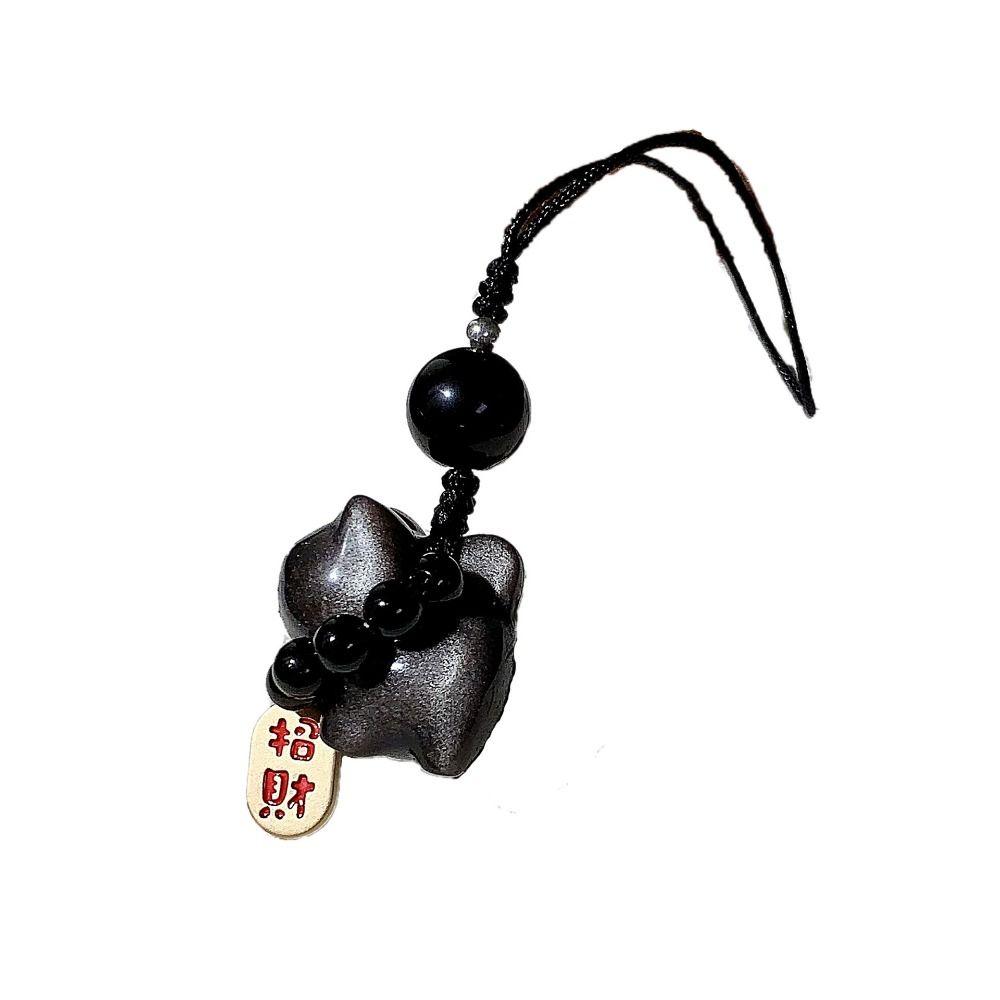 Серебряный обсидиановый кот сумка подвески камень автомобильный брелок милый счастливый кот плетеный кулон веревка маленькие подарки