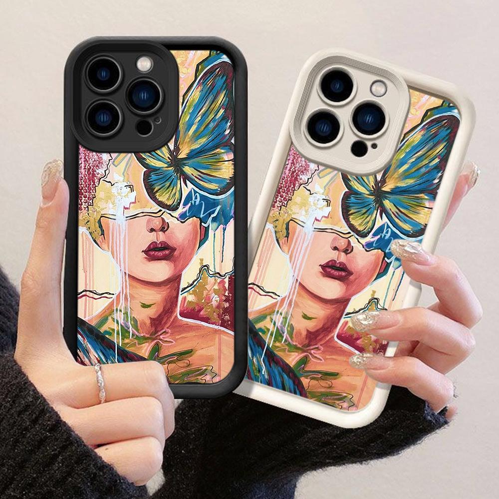 JT583 Woman Face Butterfly Original Oil Painting for iPhone 17 16 15 Pro Max Samsung S26 S25 Ultra A17 A07 A56 A16 Xiaomi 15T Redmi 15c 14C Soft Case