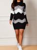 Women's Mid To Long Length Short Skirt, Round Neck Long Sleeved Printed Knitted Hip Hugging Dress