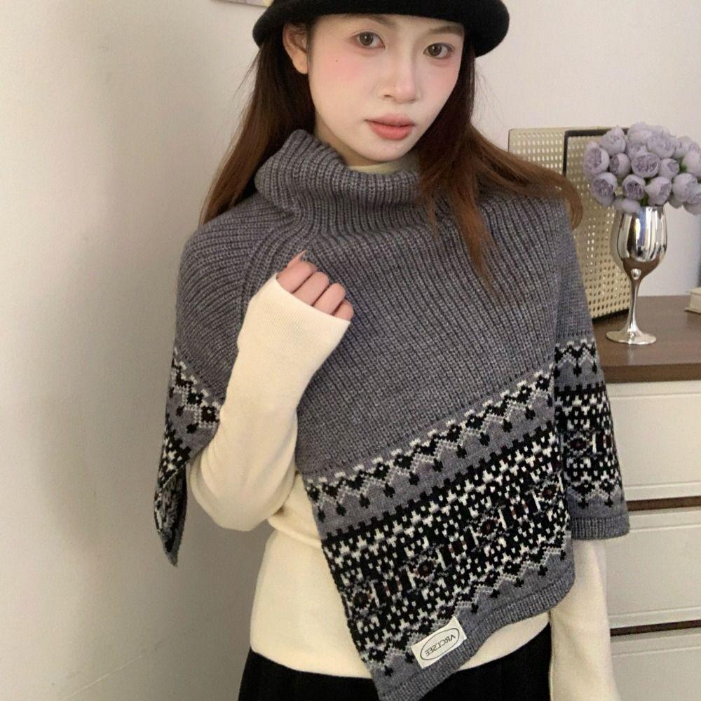 Simple Pullover Fair Isle Style Knitted Shawl Warm Thicken Neck Wraps Cloak Korean Style Jacquard Scarf Autumn