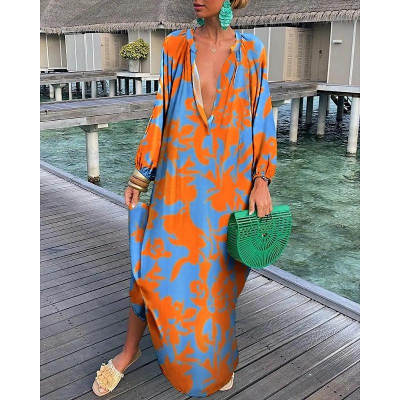 VEZFAA Женская мода весна осень цветные блоки принт длинный рукав V-образный вырез свободная талия повседневные платья