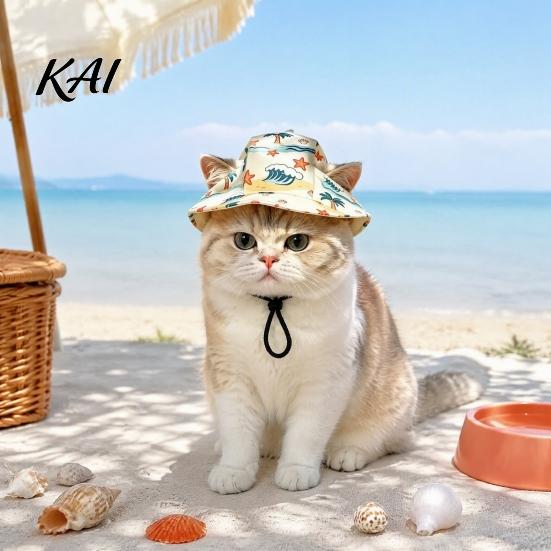 Summer Cat Gear Beach Hat, Cap with Ear Holes, Adjustable Pet Sun Hat for Small Dogs Cats Outdoor Protection Pets
