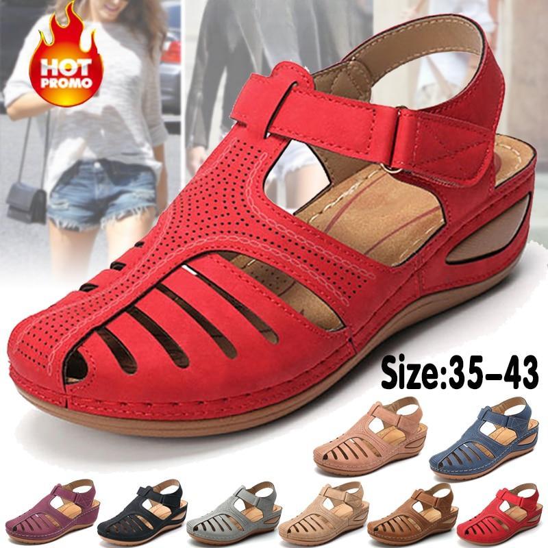 Retro Women's Sandals Car Line Hole Shoes Large Size Round Toe Wedges Comfortable Sandals Women
