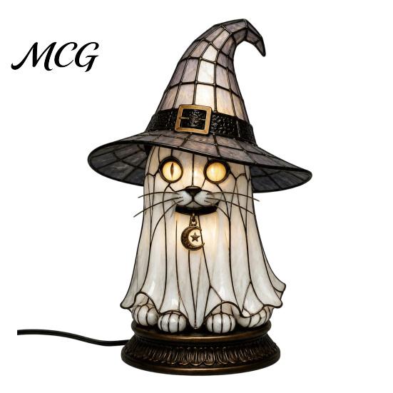 Vintage Style Table Lamp Witch Hat Lamp, Stained LED Light, Halloween with Warm Glow, Gothic Reading Nook Decor Night Light for Bedroom Mantel