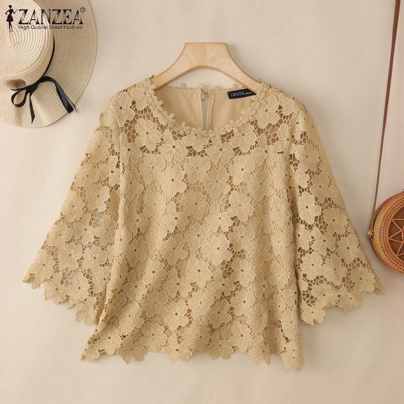 ZANZEA Женская летняя блузка с круглым вырезом, рукавом 3/4, в стиле кэжуал, пэчворк, кружево, крючком