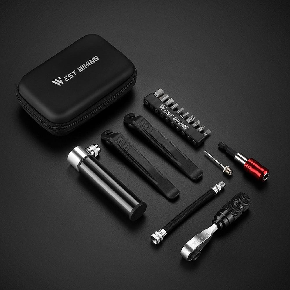 В комплект для ремонта велосипеда входят трещоточный ключ из алюминиевого сплава, биты, монтировка для шин, шинный насос для велосипеда