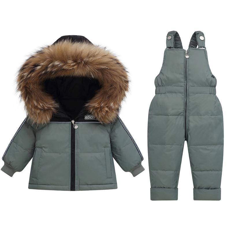 Baby Down Jacket with Real Raccoon Fur Collar, Thickened Coat, Cold-proof Suit, Detachable Crotch Overalls