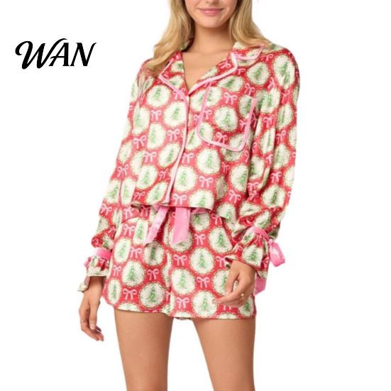 Sleep Suit 2Pcs/Set Women Christmas Satin Pajamas Set, Button Up Long Sleeve Shirt Elastic Relaxed Fit Leisure Set Waist Shorts Santa Claus