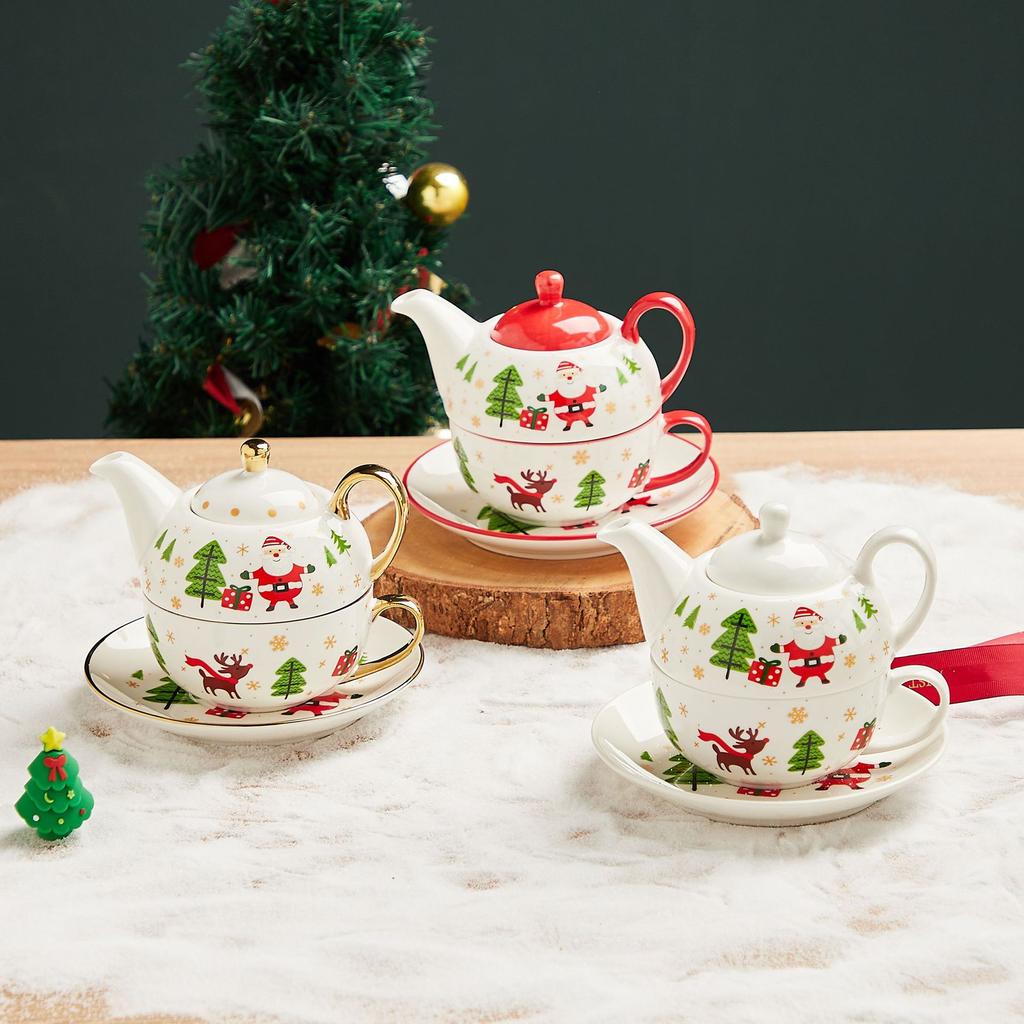 Christmas Ceramic Gold-plated Teapot Cup and Saucer Set Nordic Style Gold Plating Mug Handle Gift Box Teaware Sets Xmas Gifts