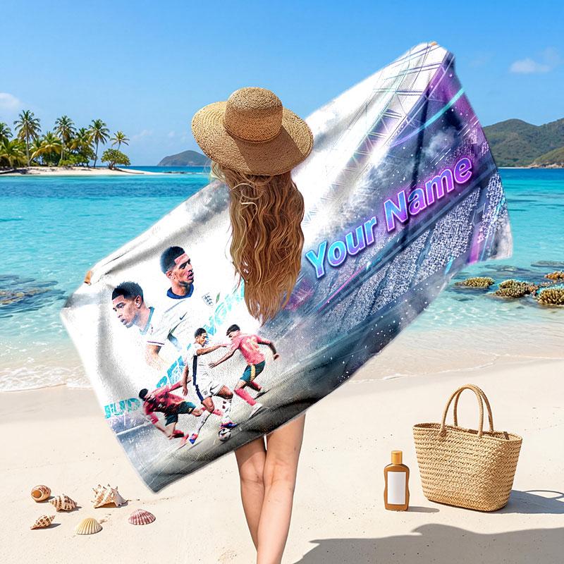 Jude Bellingham Custom Beach Towel, Personalized Name Text Print, Football Logo Soft Quick‑Dry Towel Holiday Gift