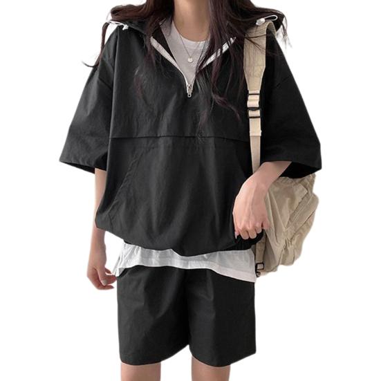 2 Pcs/Set Women Hoodie Shorts Set Half Zipper Hooded Three-quarter Sleeve Loose Big Pocket