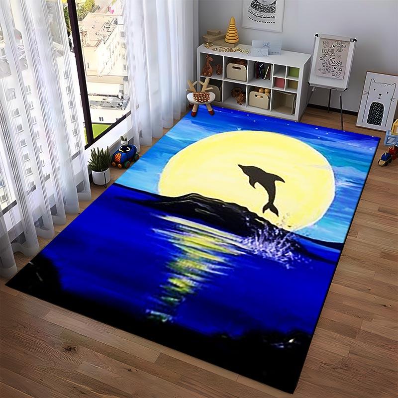 Moonlit Dolphin Jumping in Ocean Scene Decorative Area Rug Carpet Suitable for use as an anti-slip for living room bedroom sofas