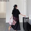 MODIQUE Summer Plus Size New Women Loose Patchwork A-Line Lace Printing Plaid Long Dresses Elegant Lady Casual Cotton O-Neck Short Sleeve Skirt