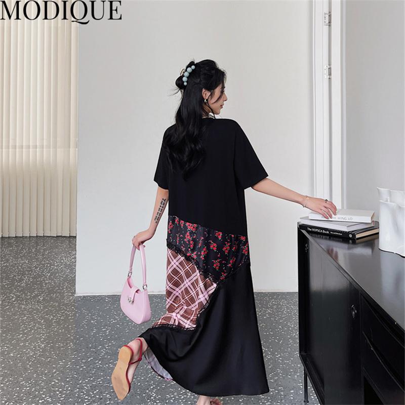MODIQUE Summer Plus Size New Women Loose Patchwork A-Line Lace Printing Plaid Long Dresses Elegant Lady Casual Cotton O-Neck Short Sleeve Skirt