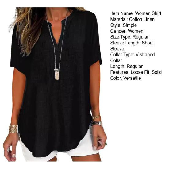 Женская рубашка с V-образным вырезом, коротким рукавом, свободный крой, повседневная рубашка, однотонная эластичная футболка, повседневная одежда
