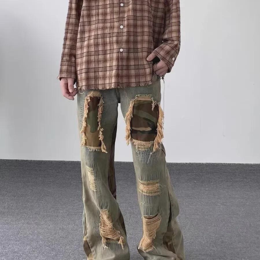 Расклешенные джинсы в стиле ретро с эффектом потертости и камуфляжа в стиле пэчворк для мужчин и женщин