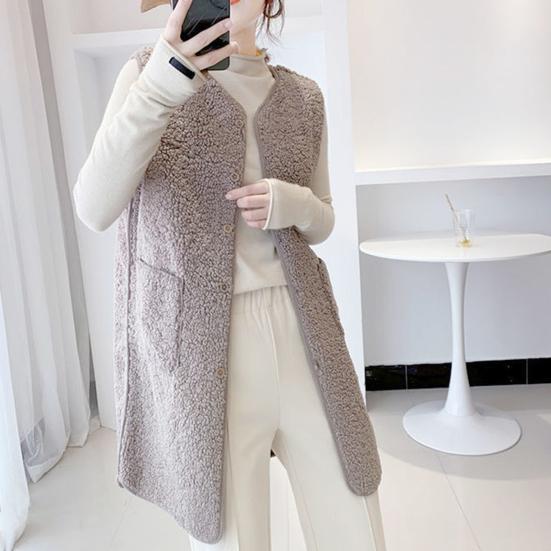 Fall Winter Women Vest Coat Round Neck Loose Mid Length Sleeveless Single-breasted Pockets Cardigan Warm Thick Outwear Waistcoat