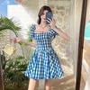Французское милое цветочное платье в клетку Женское 2025 Лето Приталенное Квадратный вырез Короткий рукав Мини-платье для женщин