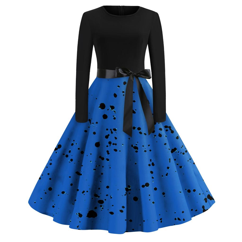 Women's Casual And Fashionable Long Sleeved R-neck Polka DotPrint Dress